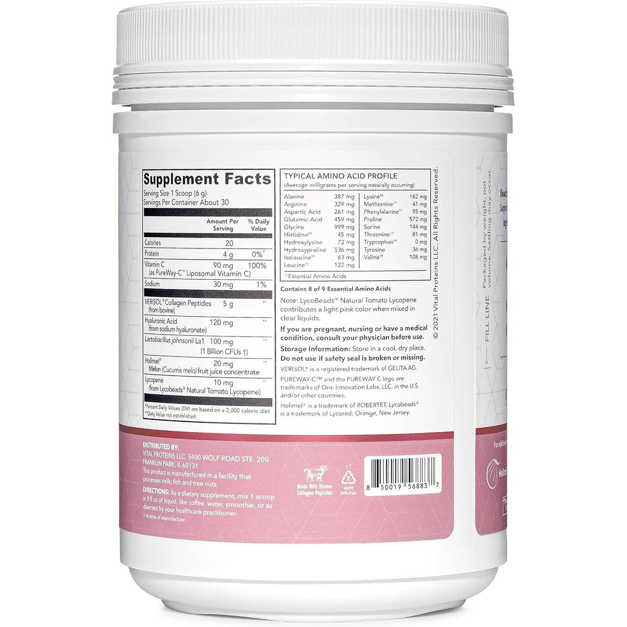 Vital Proteins collagen complex canister with supplement facts