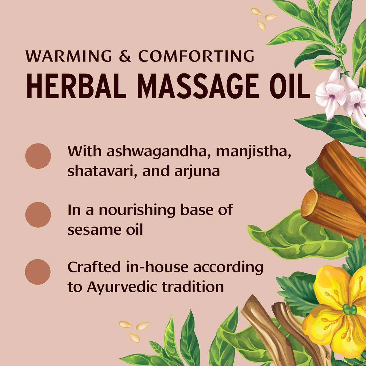 Warming and comforting herbal massage oil graphic with ashwagandha, manjistha, shatavari and arjuna