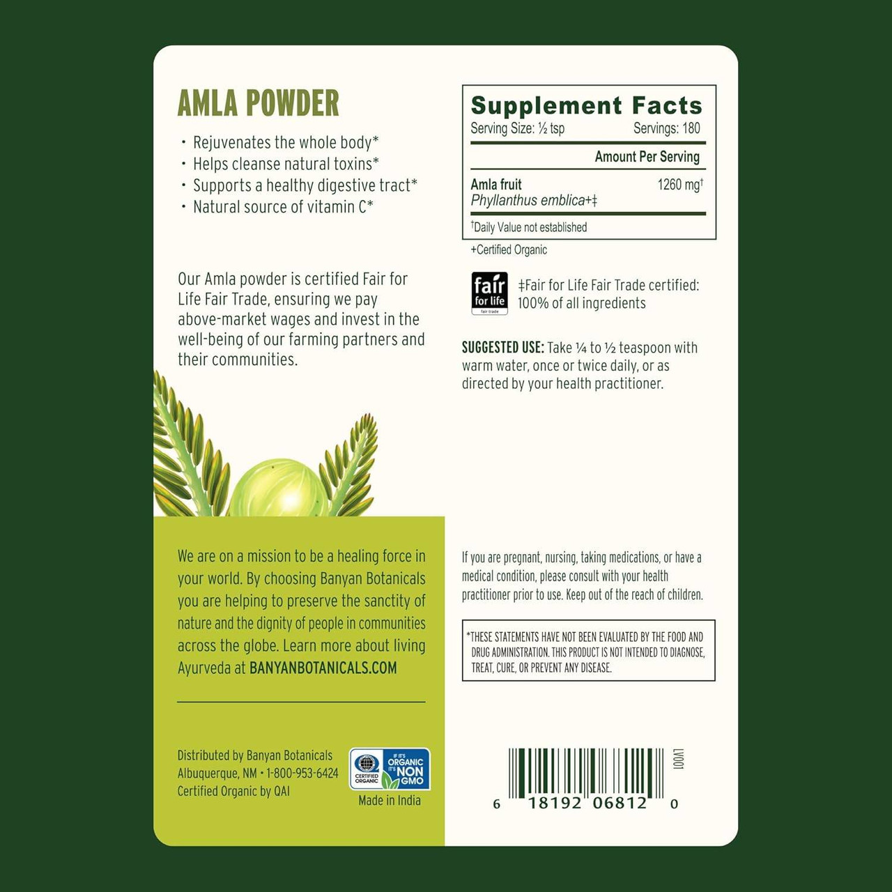 Amla Powder pouch back with supplement facts and directions