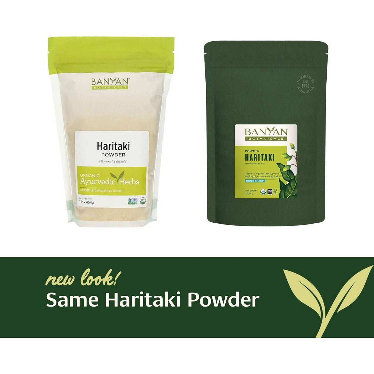 Old and new Banyan Botanicals Haritaki Powder pouches, same powder new look