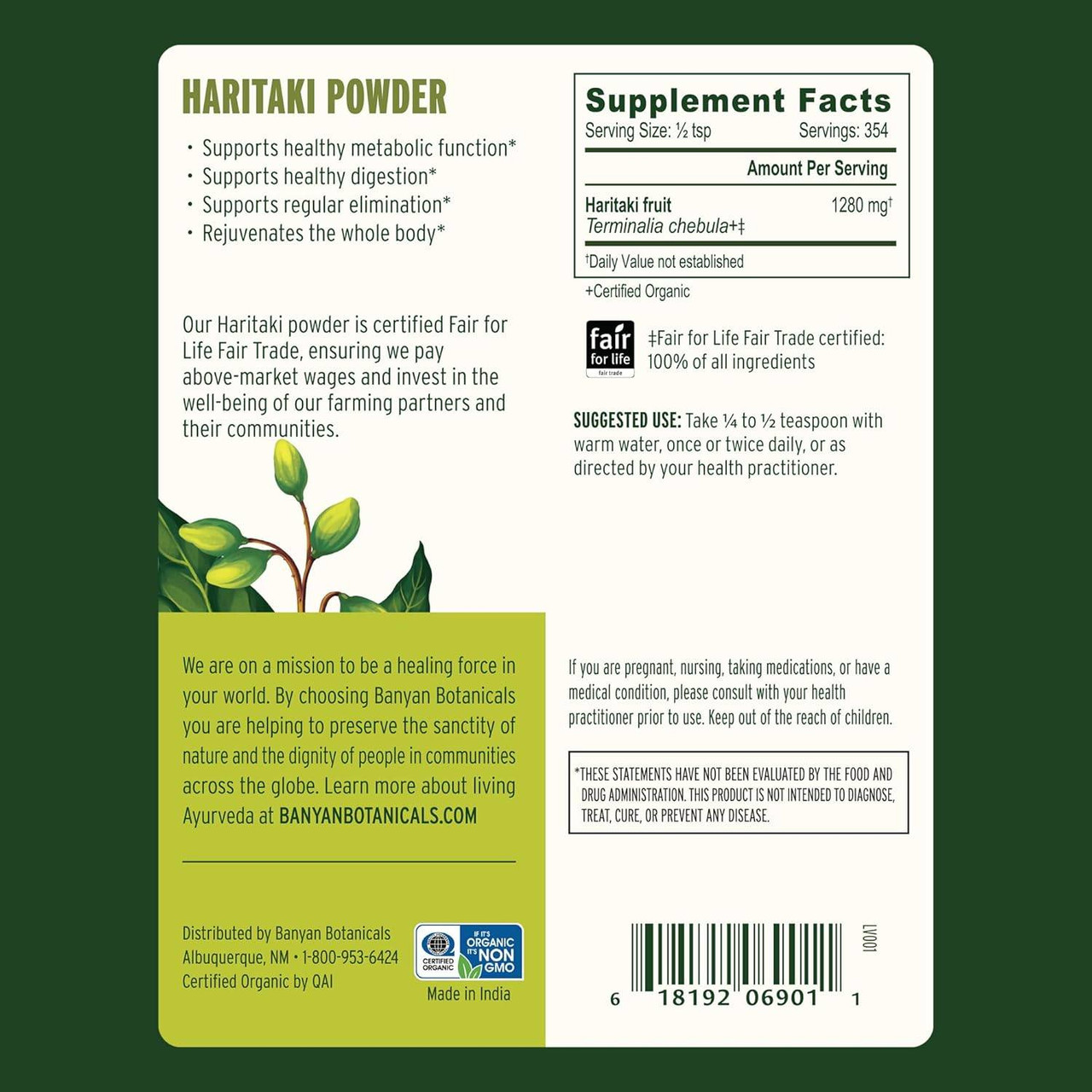 Back of the Banyan Botanicals Haritaki Powder pouch with supplement facts