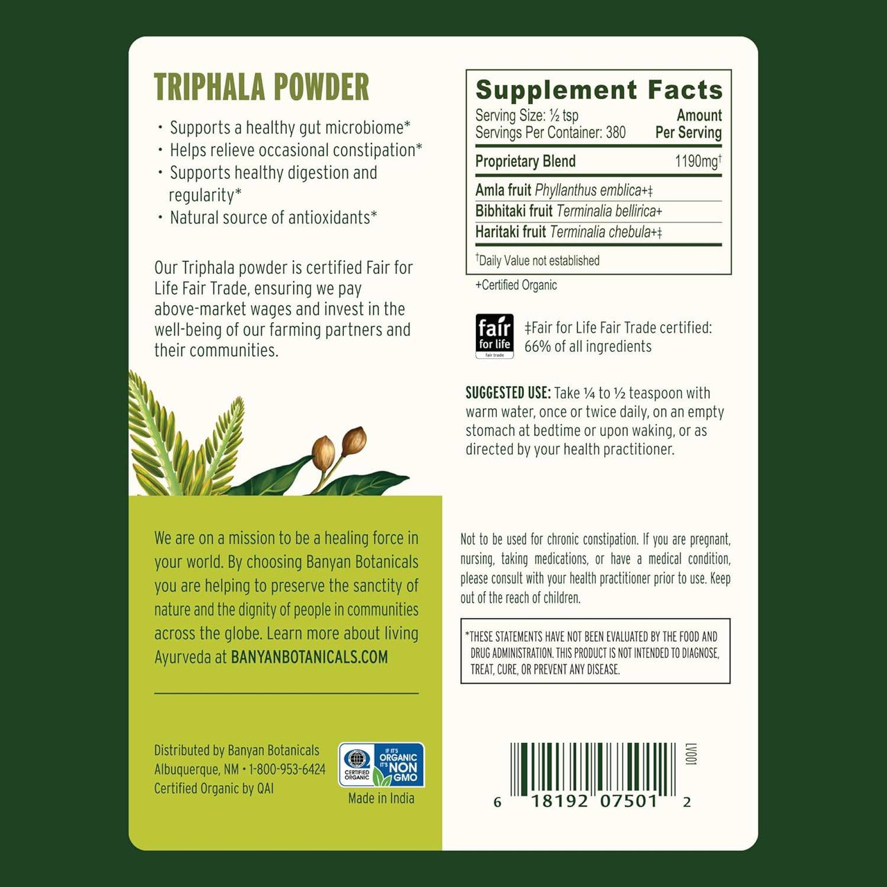 Triphala Powder pouch back with supplement facts, amla, bibhitaki and haritaki