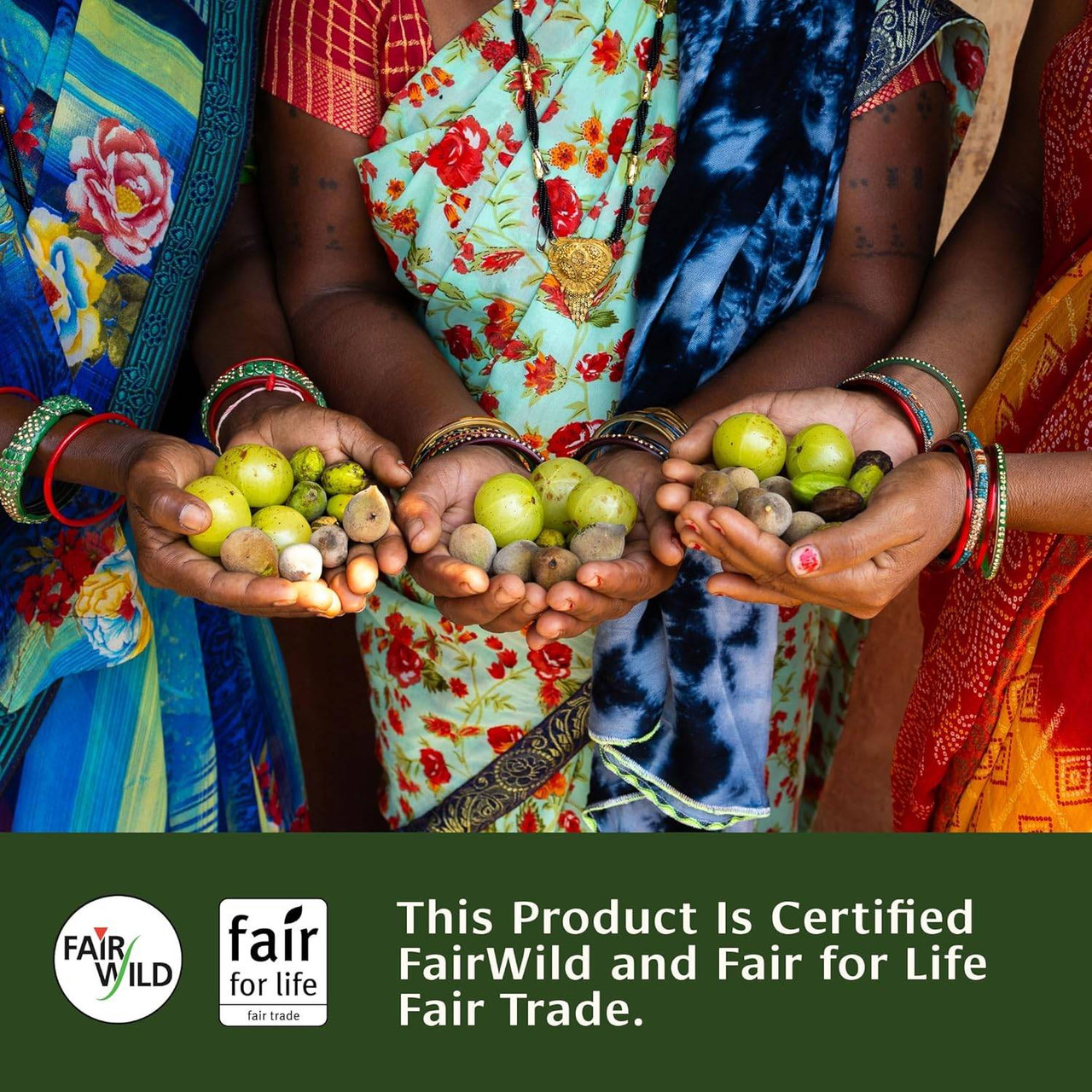 Hands holding harvested fruits, certified FairWild and Fair for Life graphic