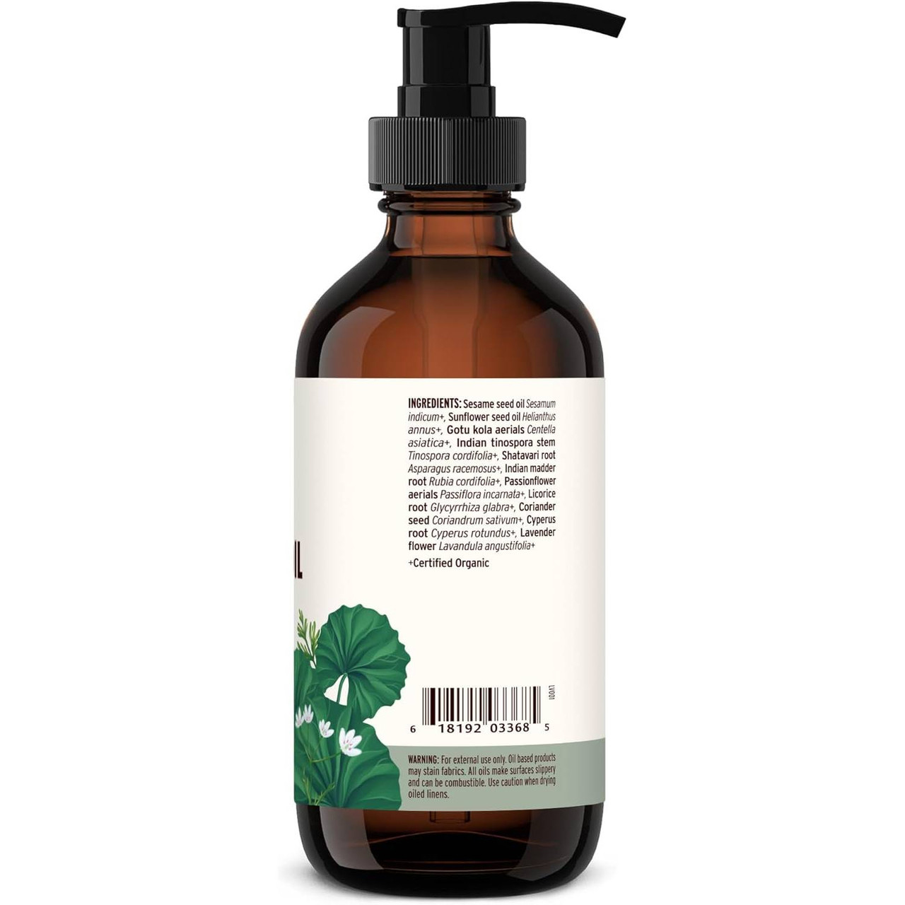 Back label of the 8 fl oz Pitta Massage Oil bottle