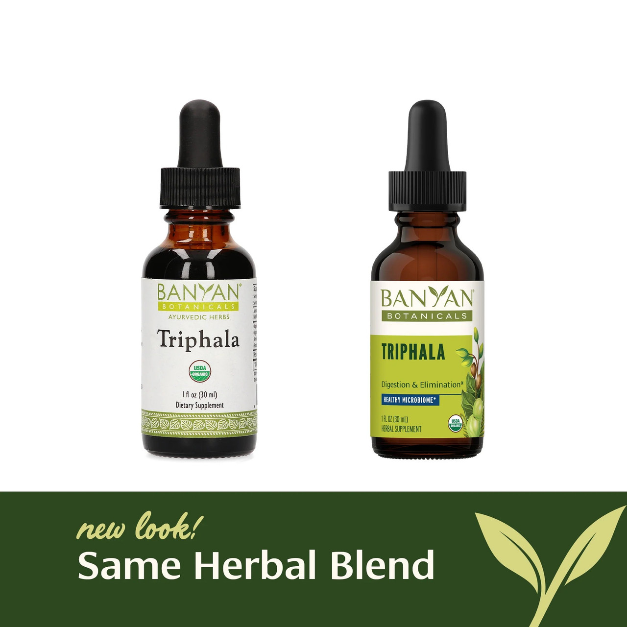 Old and new Triphala liquid extract bottles, same herbal blend new look