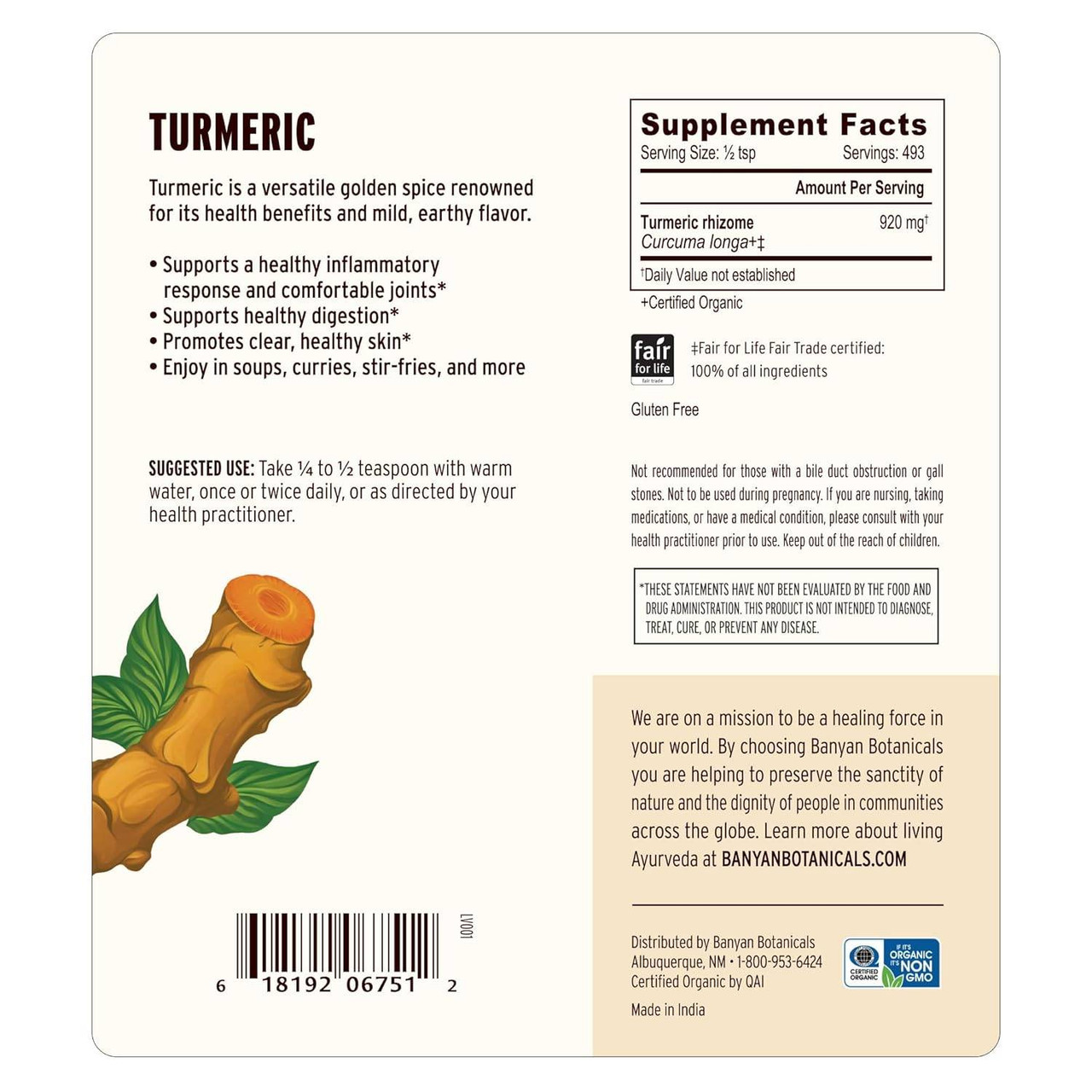 Banyan Botanicals Turmeric Root Powder, Organic - 454 Grams