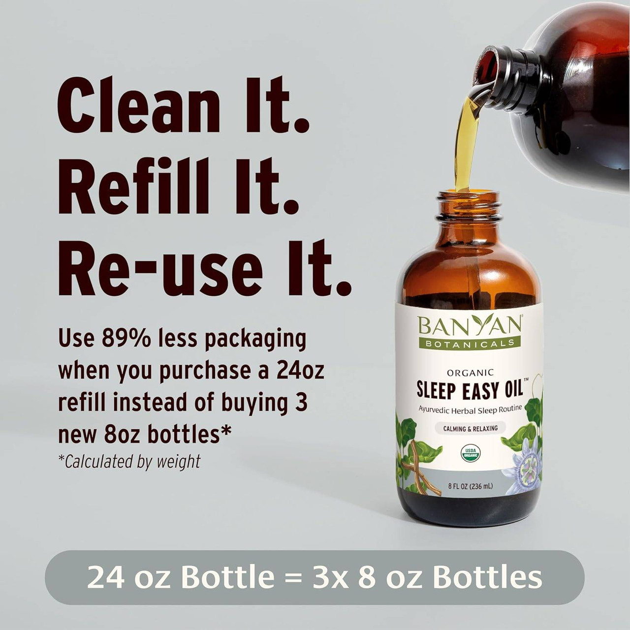 Oil pouring into a Sleep Easy Oil bottle, clean it, refill it, re-use it graphic