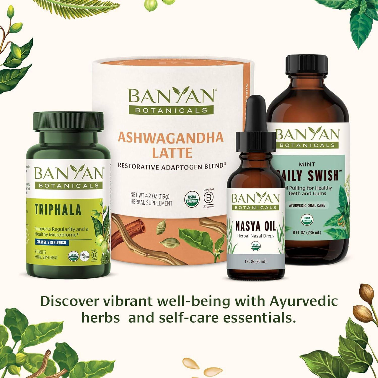 Triphala, Ashwagandha Latte, Nasya Oil and Daily Swish, discover Ayurvedic herbs graphic