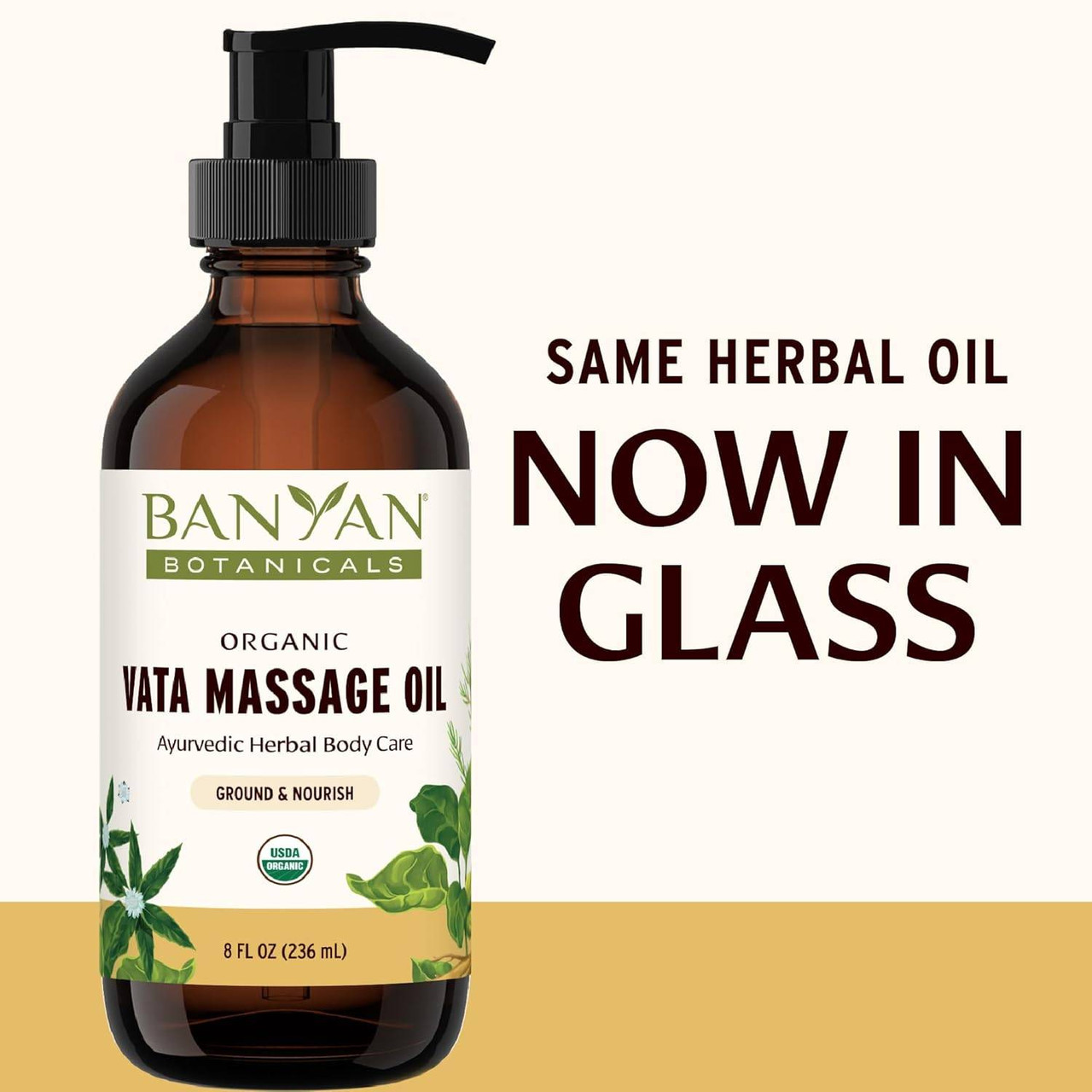 Vata Massage Oil bottle, same herbal oil now in glass