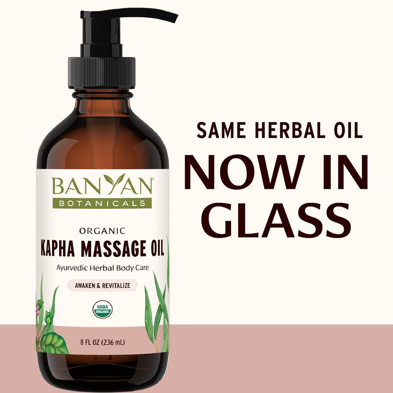 Kapha Massage Oil glass bottle, same herbal oil now in glass graphic