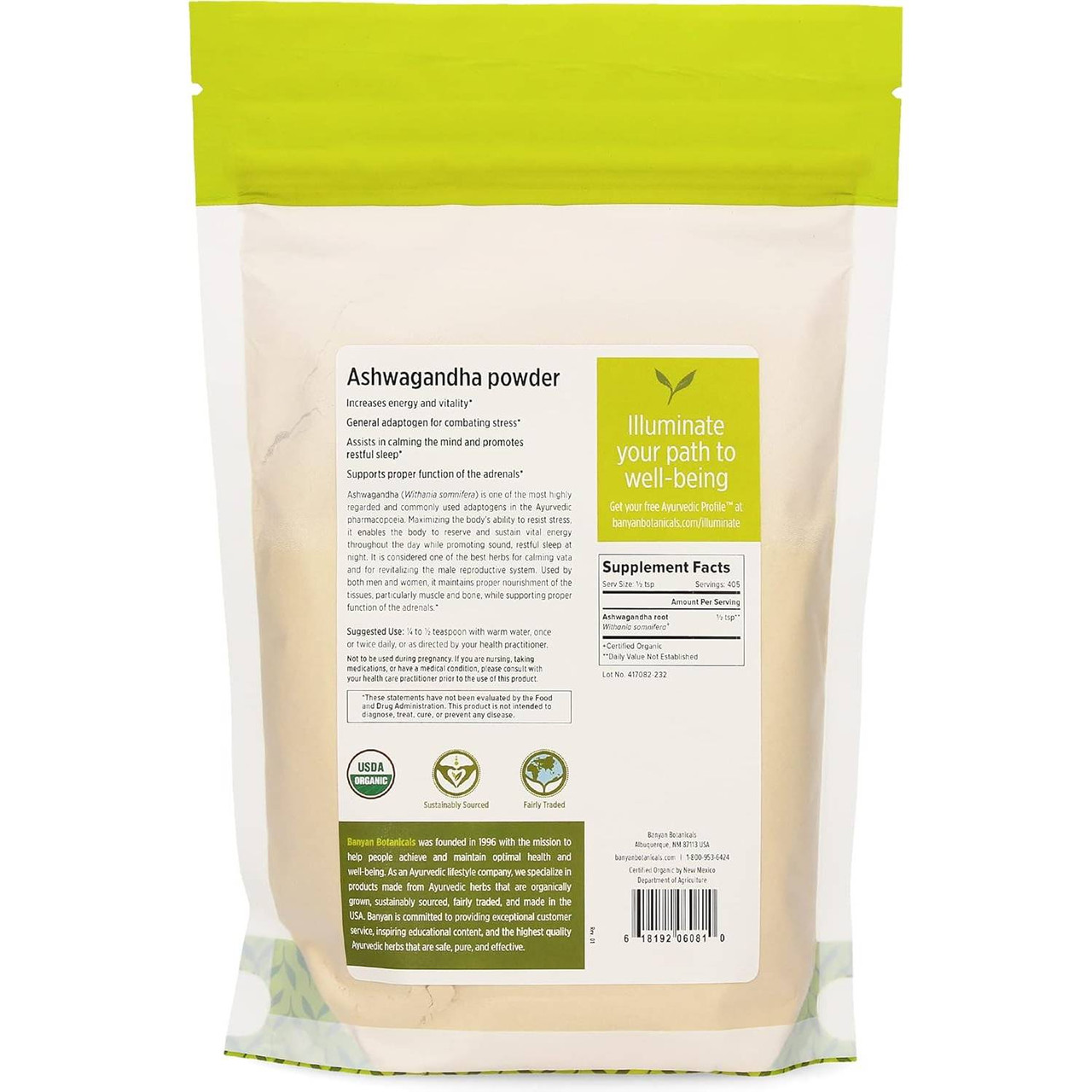 Ashwagandha Powder pouch back with supplement facts and certifications