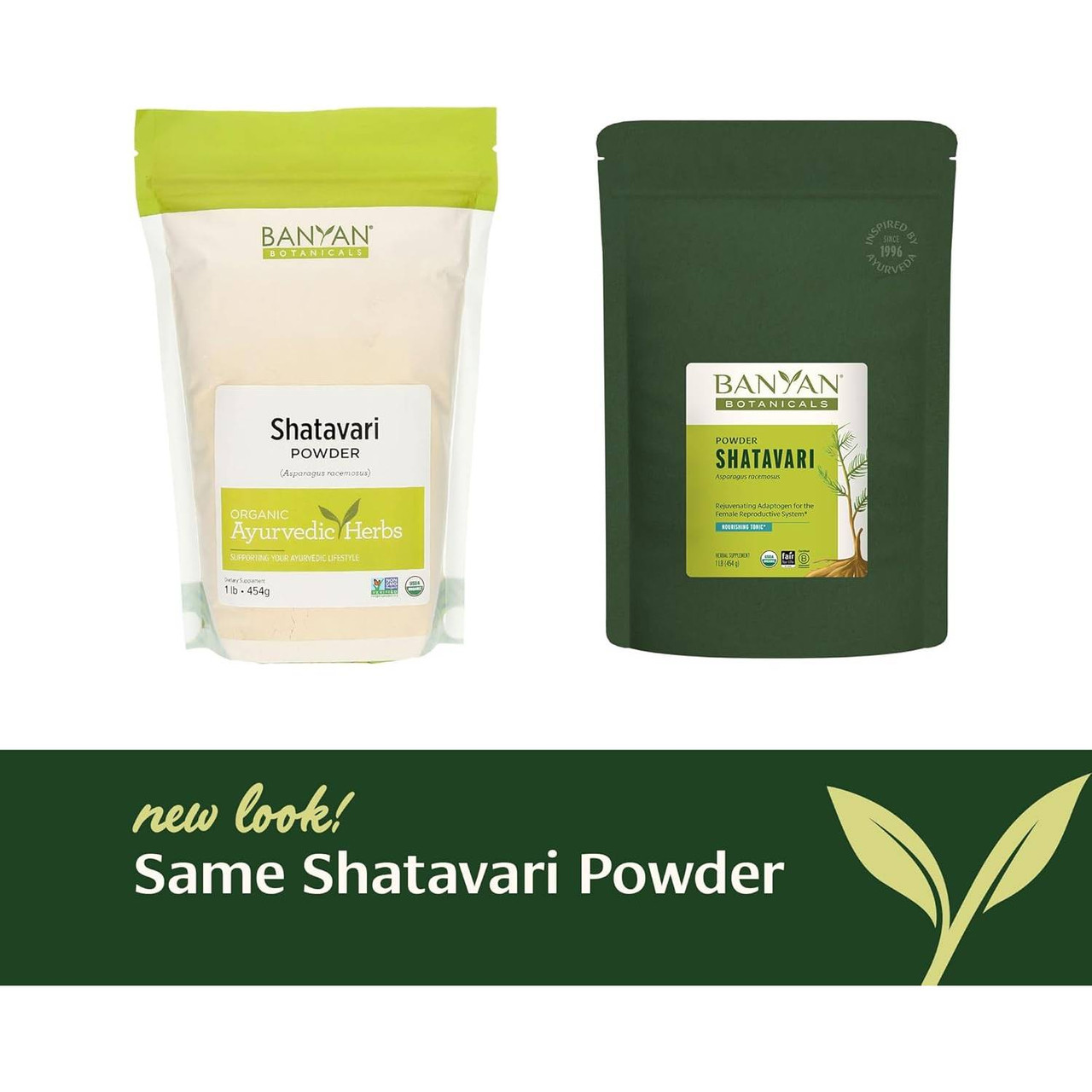 Old and new Shatavari Root Powder pouches, same powder new look