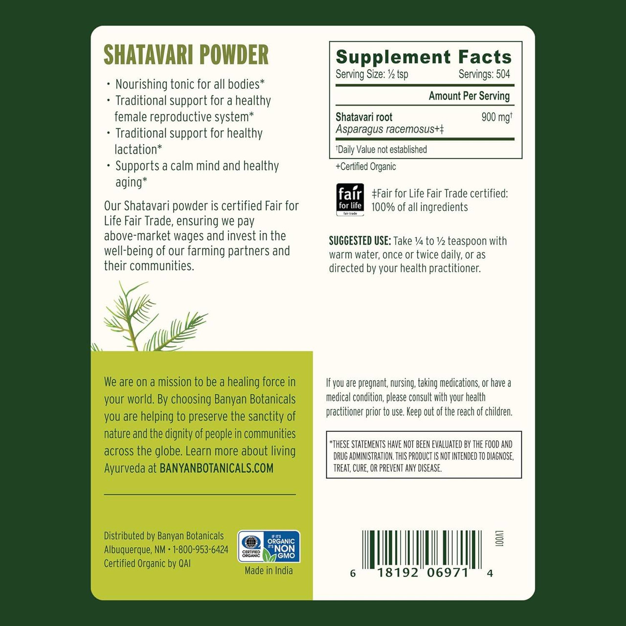 Banyan Botanicals Shatavari Root Powder, Organic - 454 Grams