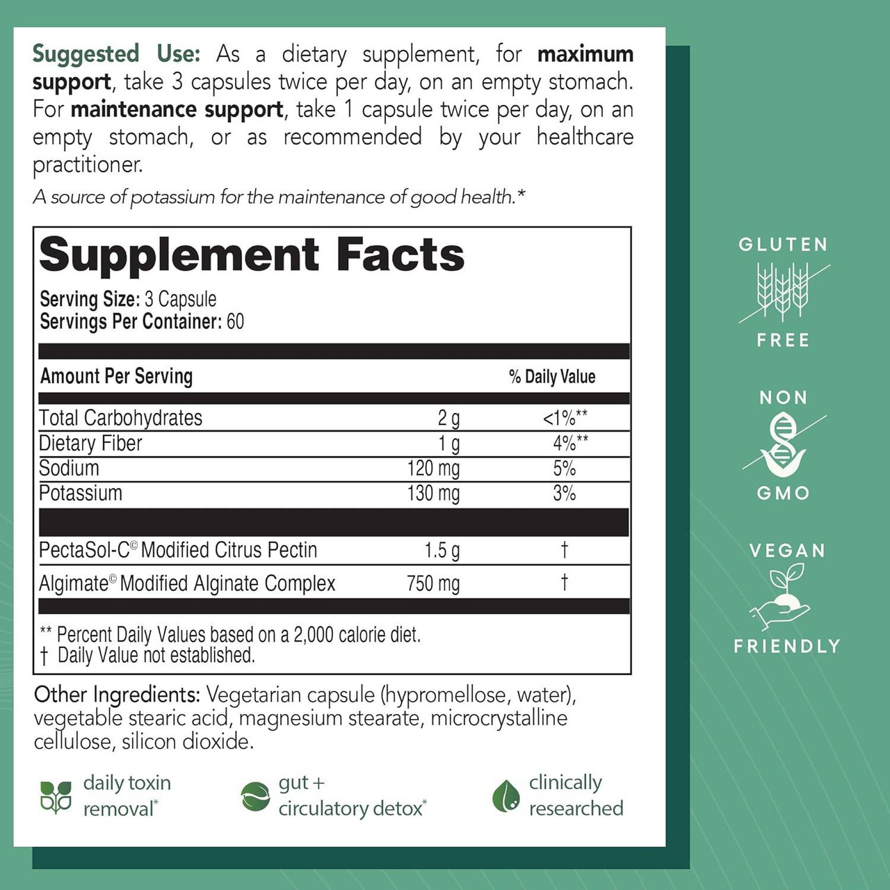 PectaClear suggested use and supplement facts panel with gluten-free, non-GMO and vegan icons