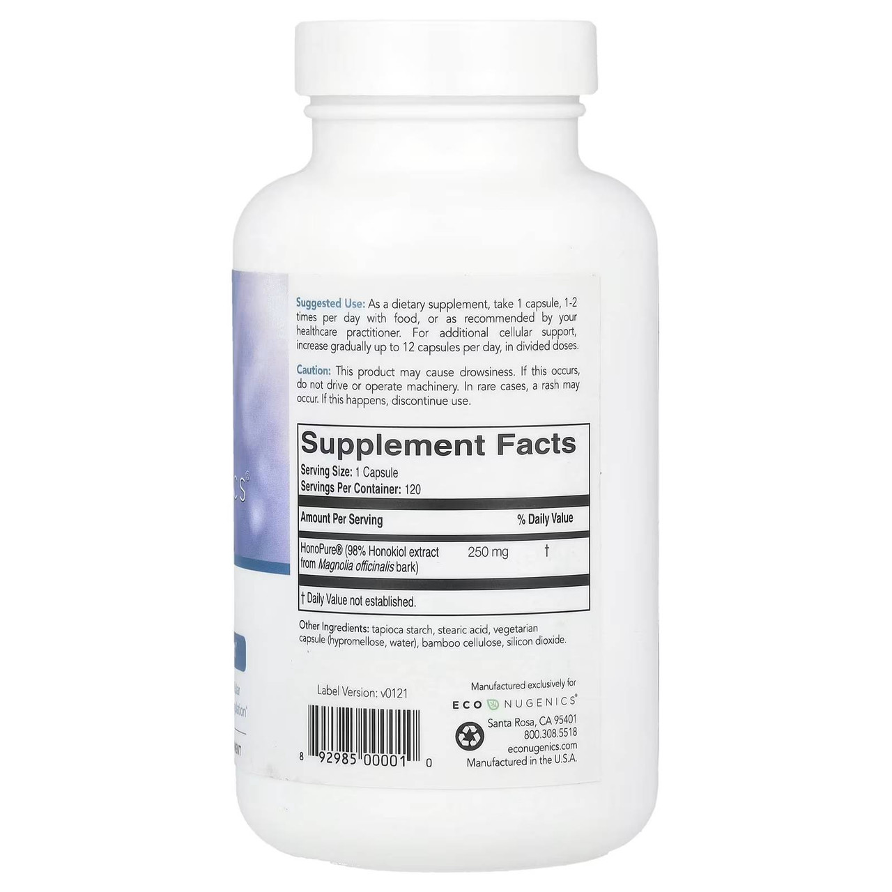 Back of the HonoPure bottle with supplement facts