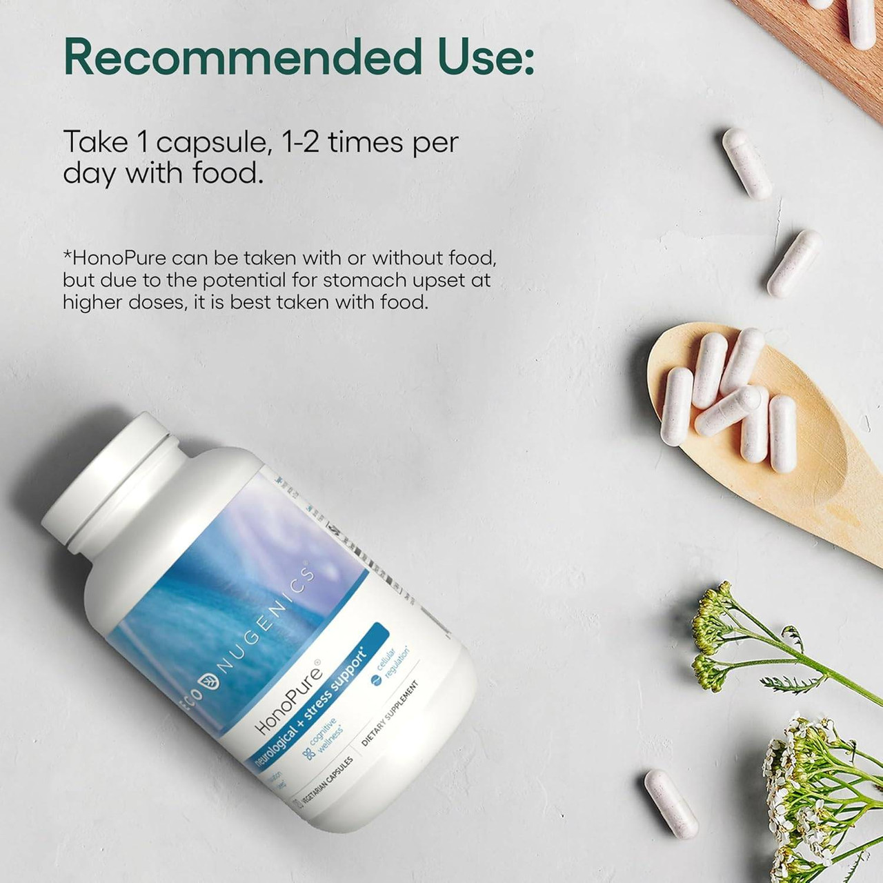 HonoPure bottle with loose capsules and recommended use graphic