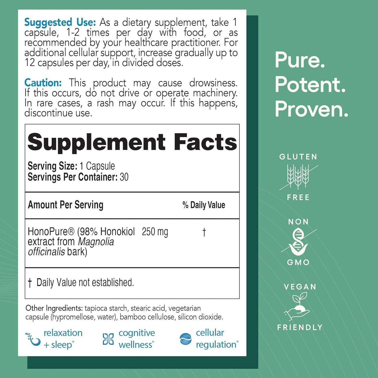 HonoPure supplement facts and suggested use with free-from icons