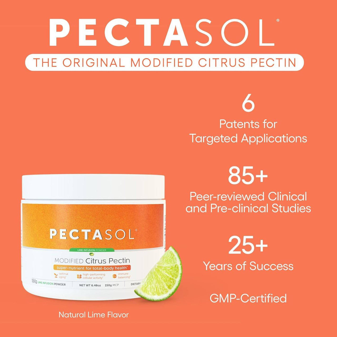 PectaSol jar with lime, 6 patents, 85+ studies and 25+ years graphic