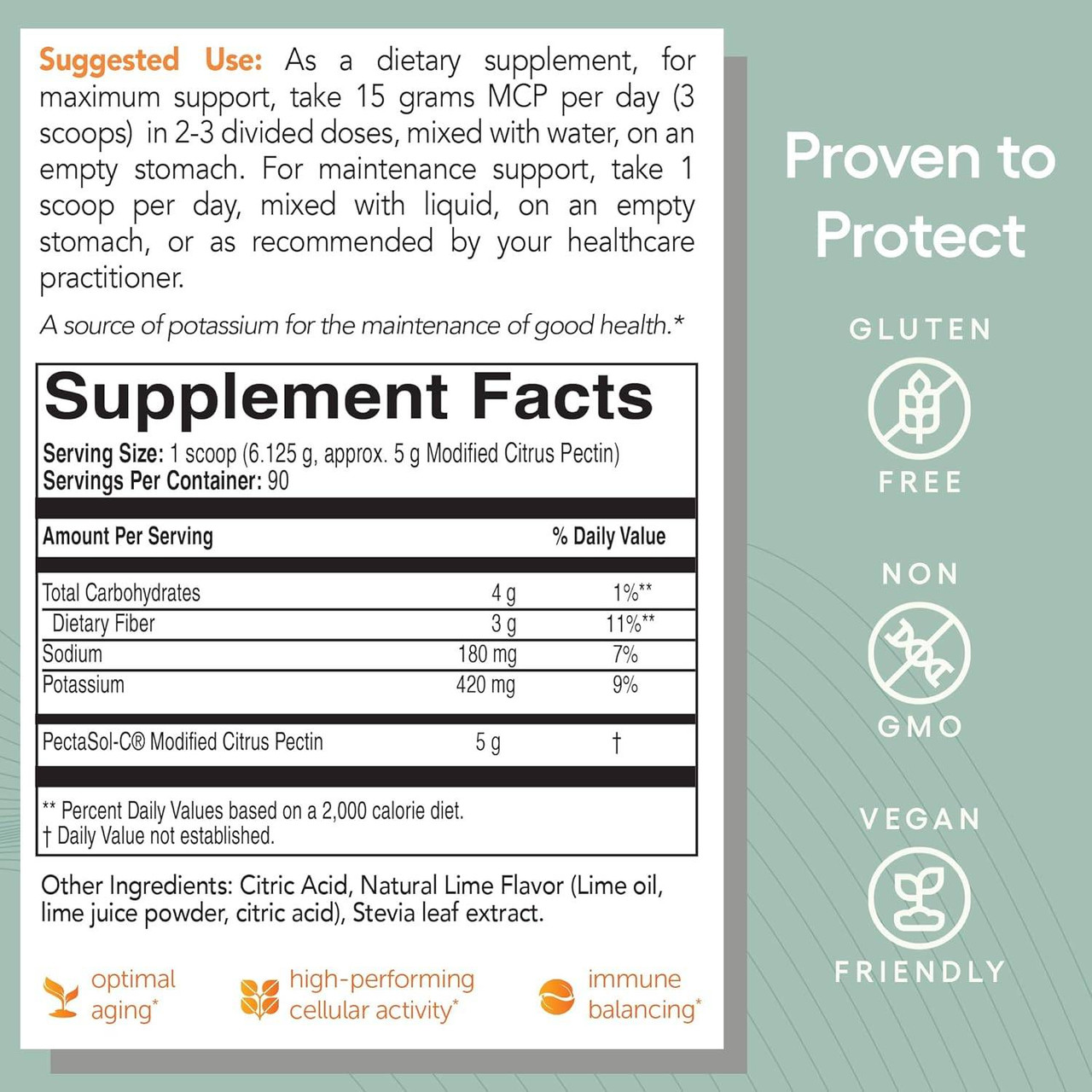 PectaSol suggested use and supplement facts with gluten free, non-GMO and vegan icons