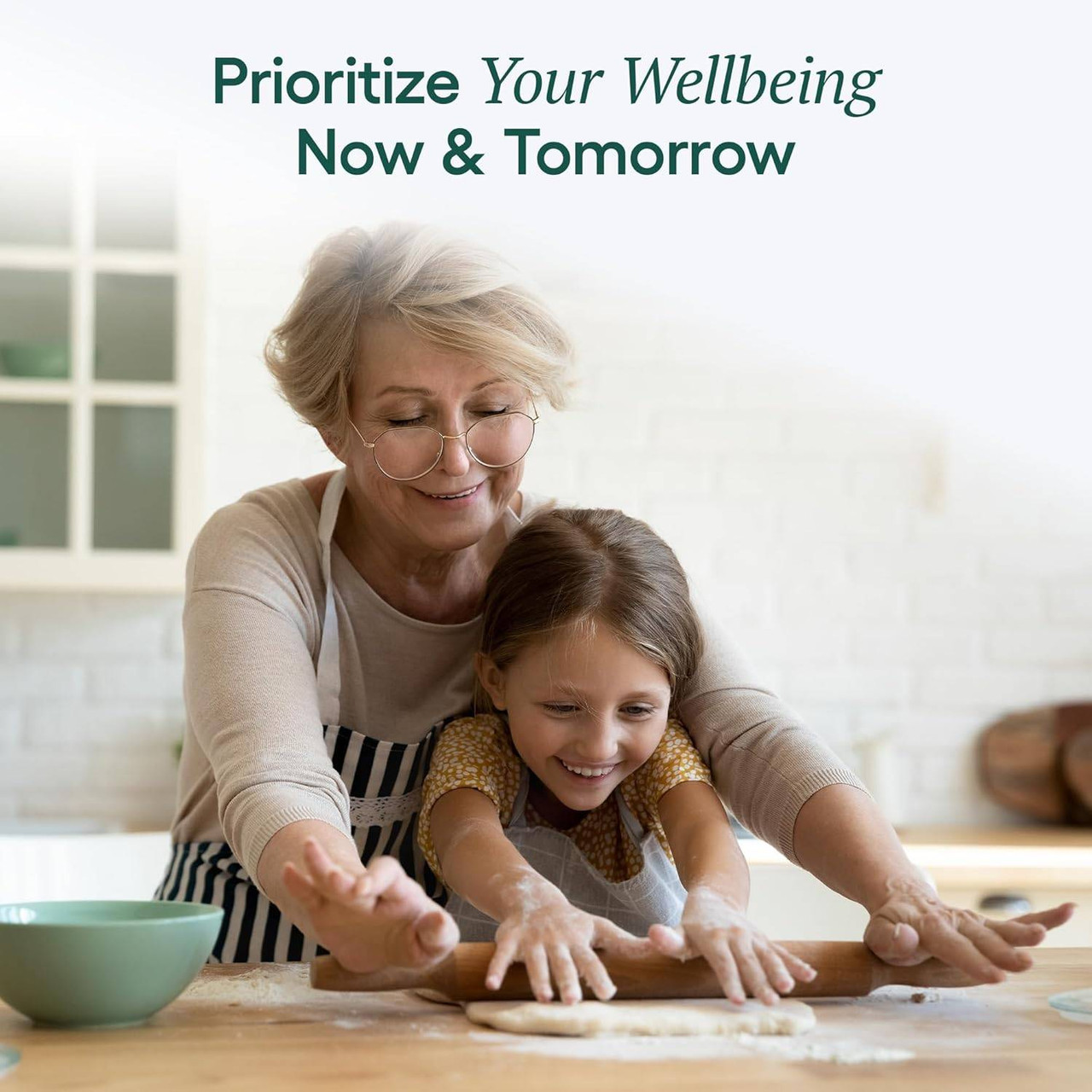 Grandmother and child baking, prioritize your wellbeing graphic