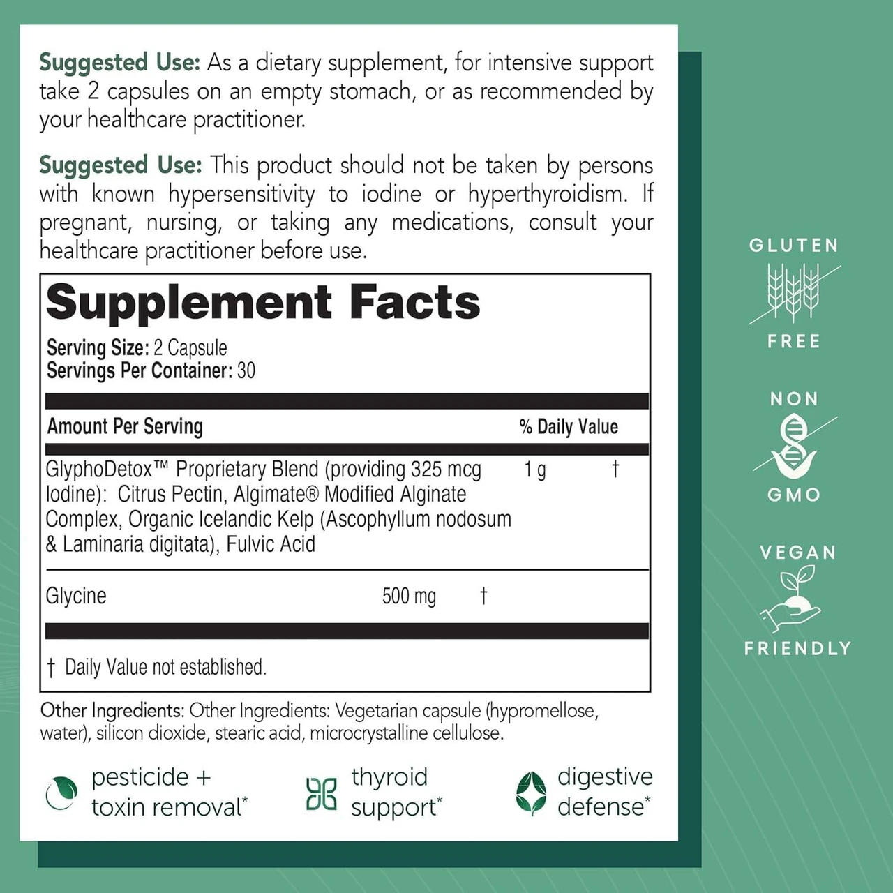 GlyphoDetox supplement facts with free-from icons