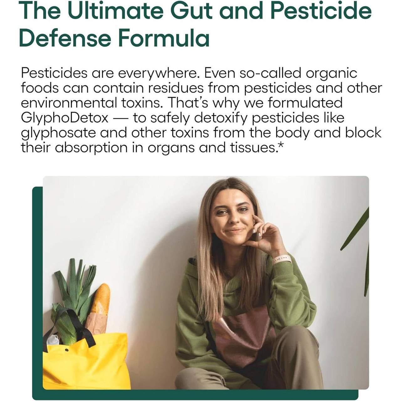 Woman in a garden with shovel, gut and pesticide defense graphic