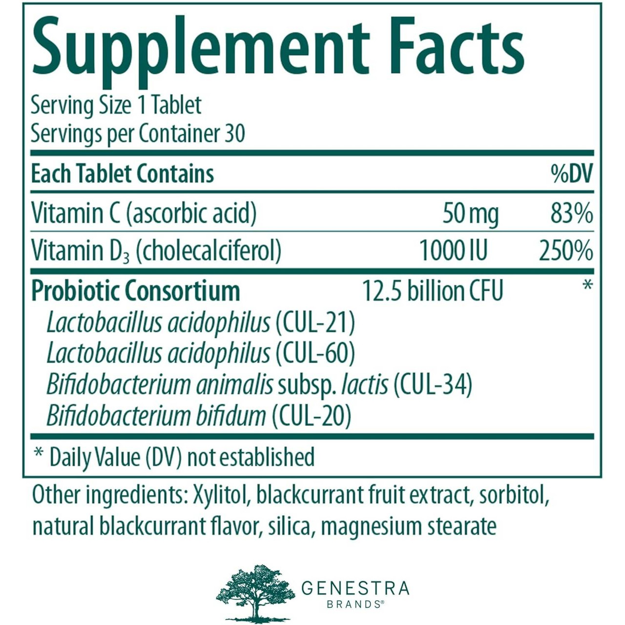 HMF Fit for School supplement facts with vitamins C D and probiotic consortium