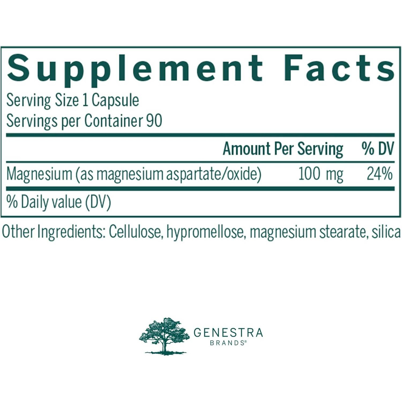 Magnesium supplement facts, 100 mg per capsule