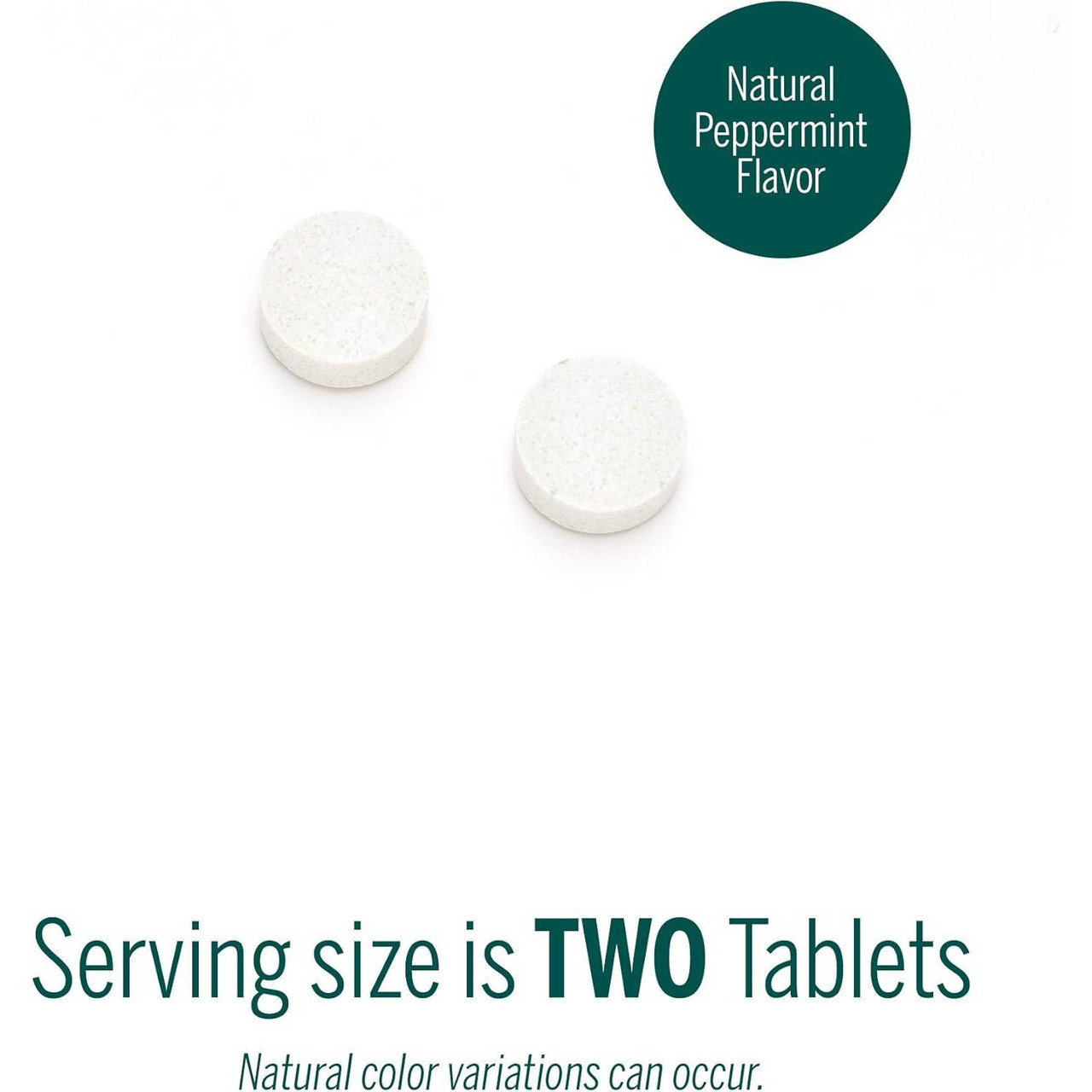 Two chewable tablets, serving size is two tablets, natural peppermint flavor graphic