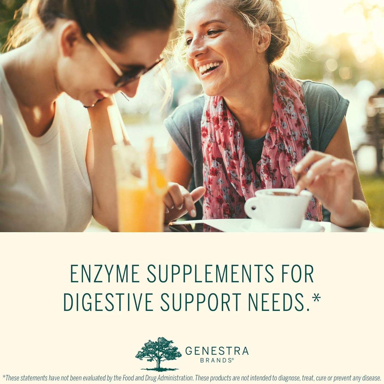 Friends laughing at a cafe, Genestra enzyme supplements graphic