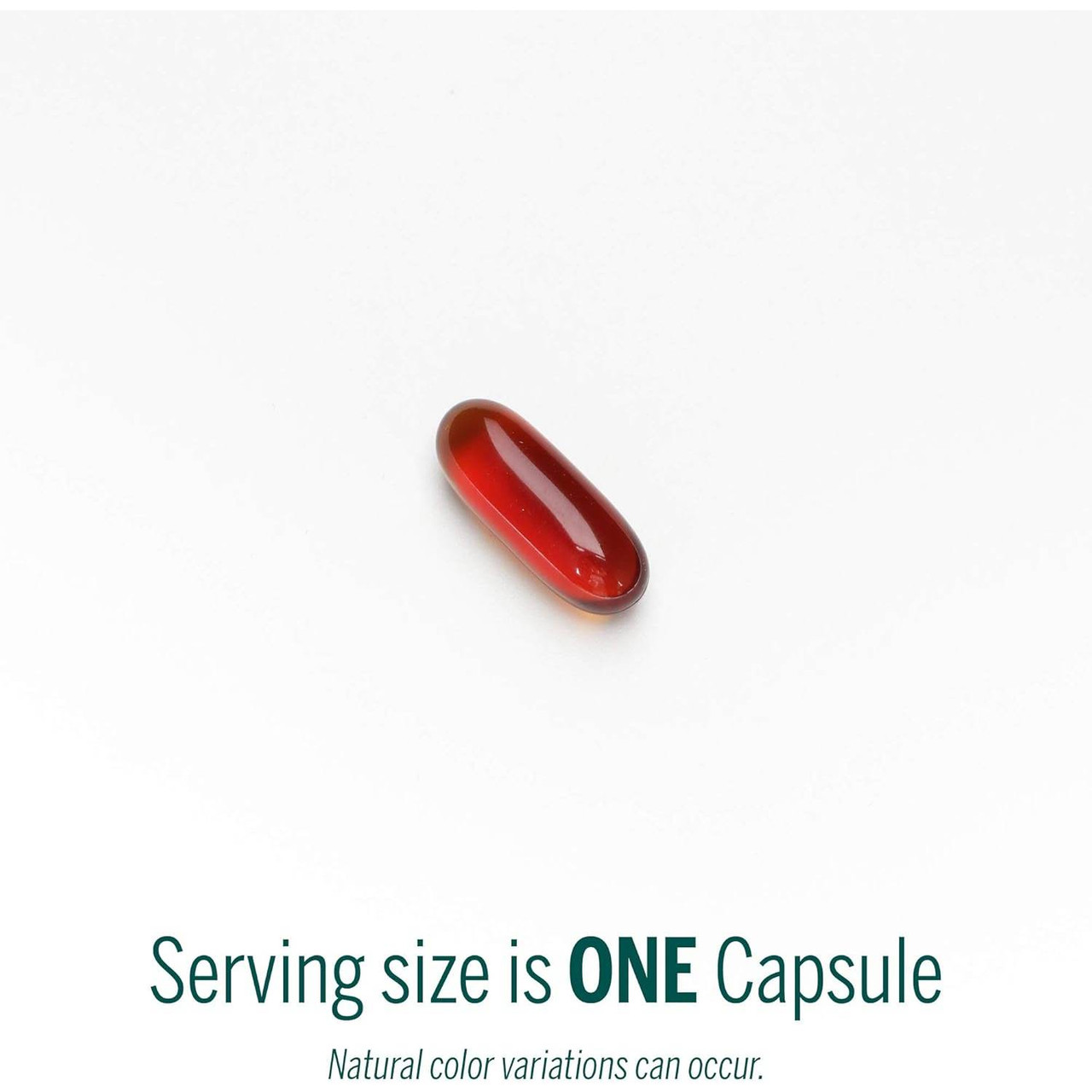 Single red softgel capsule, serving size is one capsule