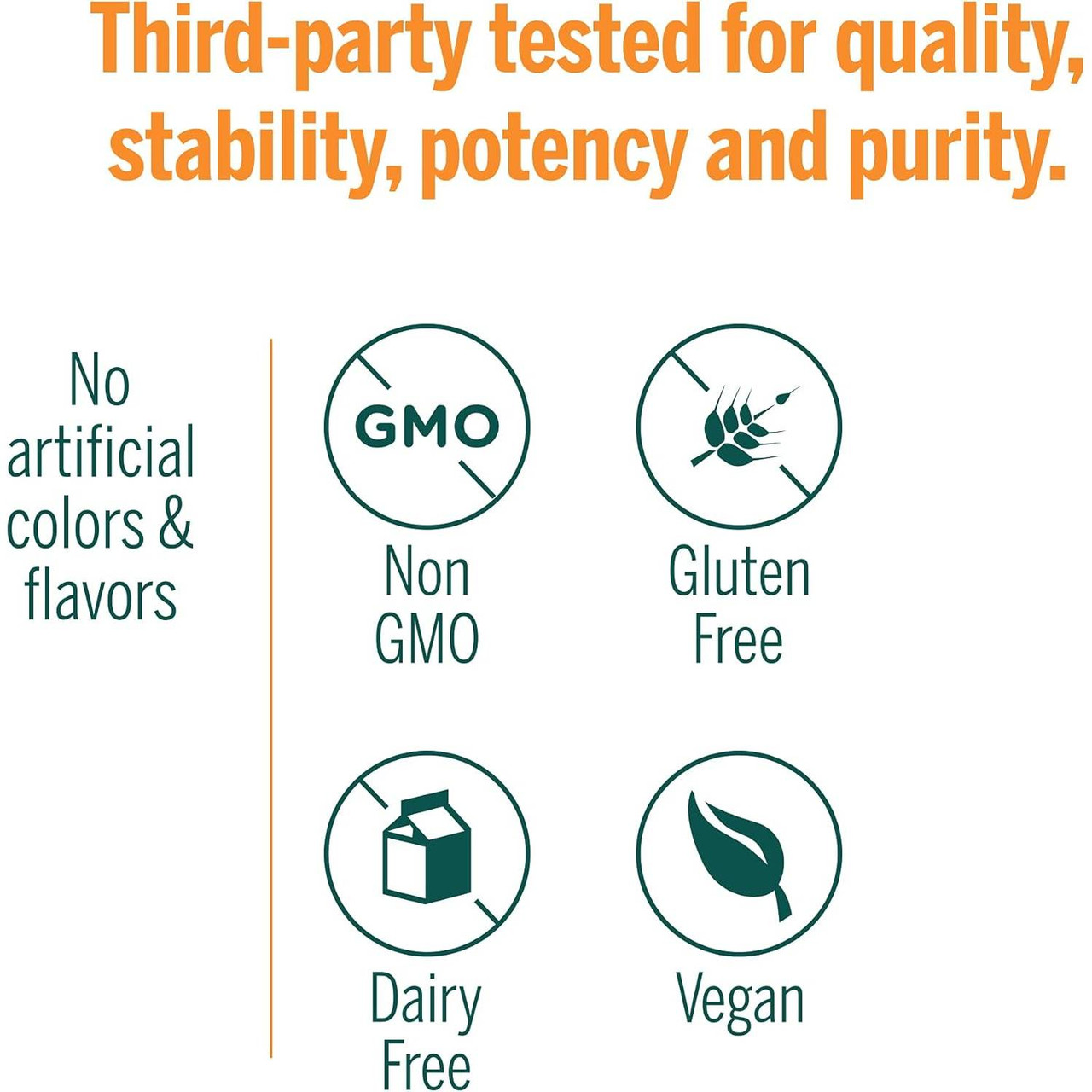 Third-party tested graphic with non-GMO gluten-free dairy-free vegan icons