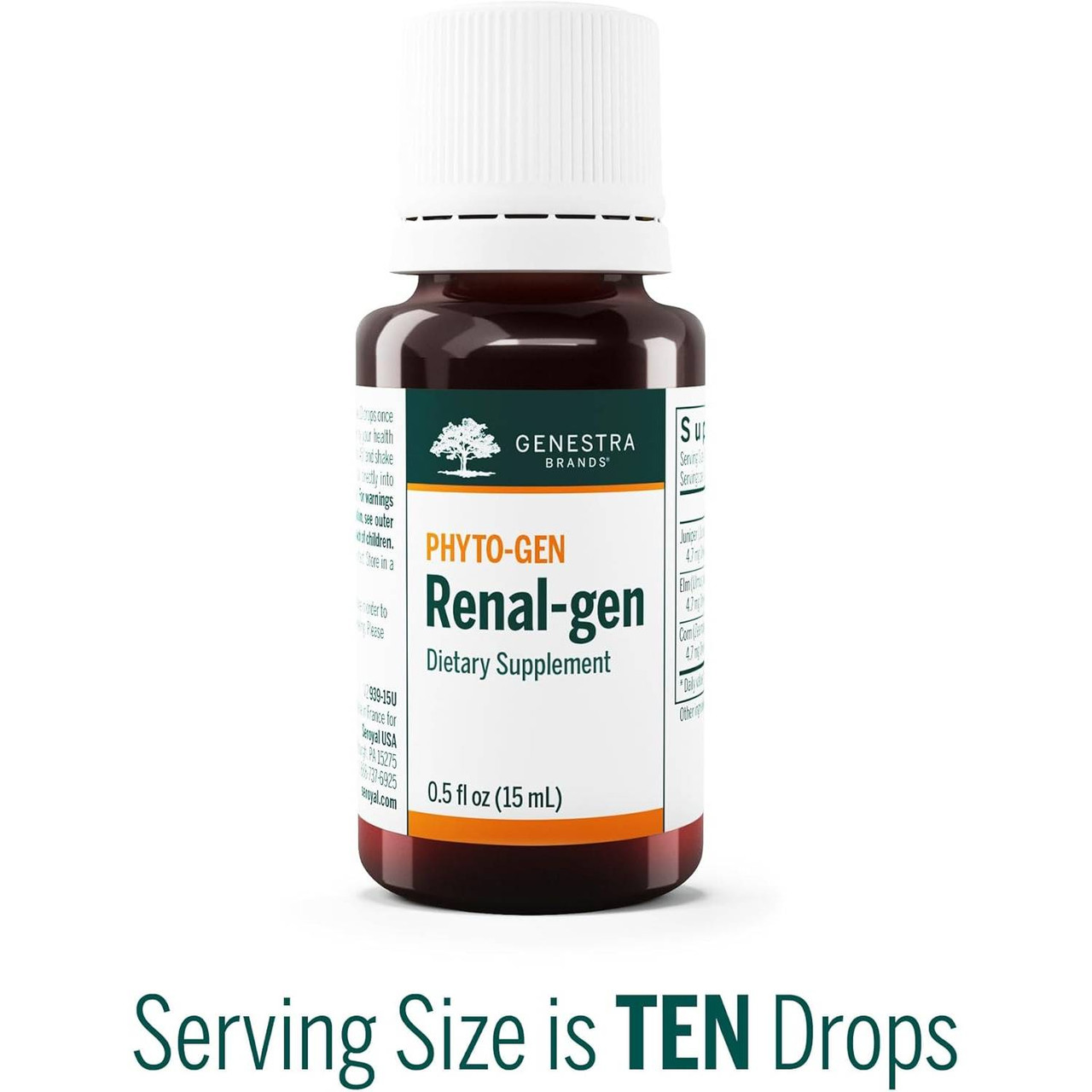 Renal-gen amber dropper bottle, serving size is ten drops