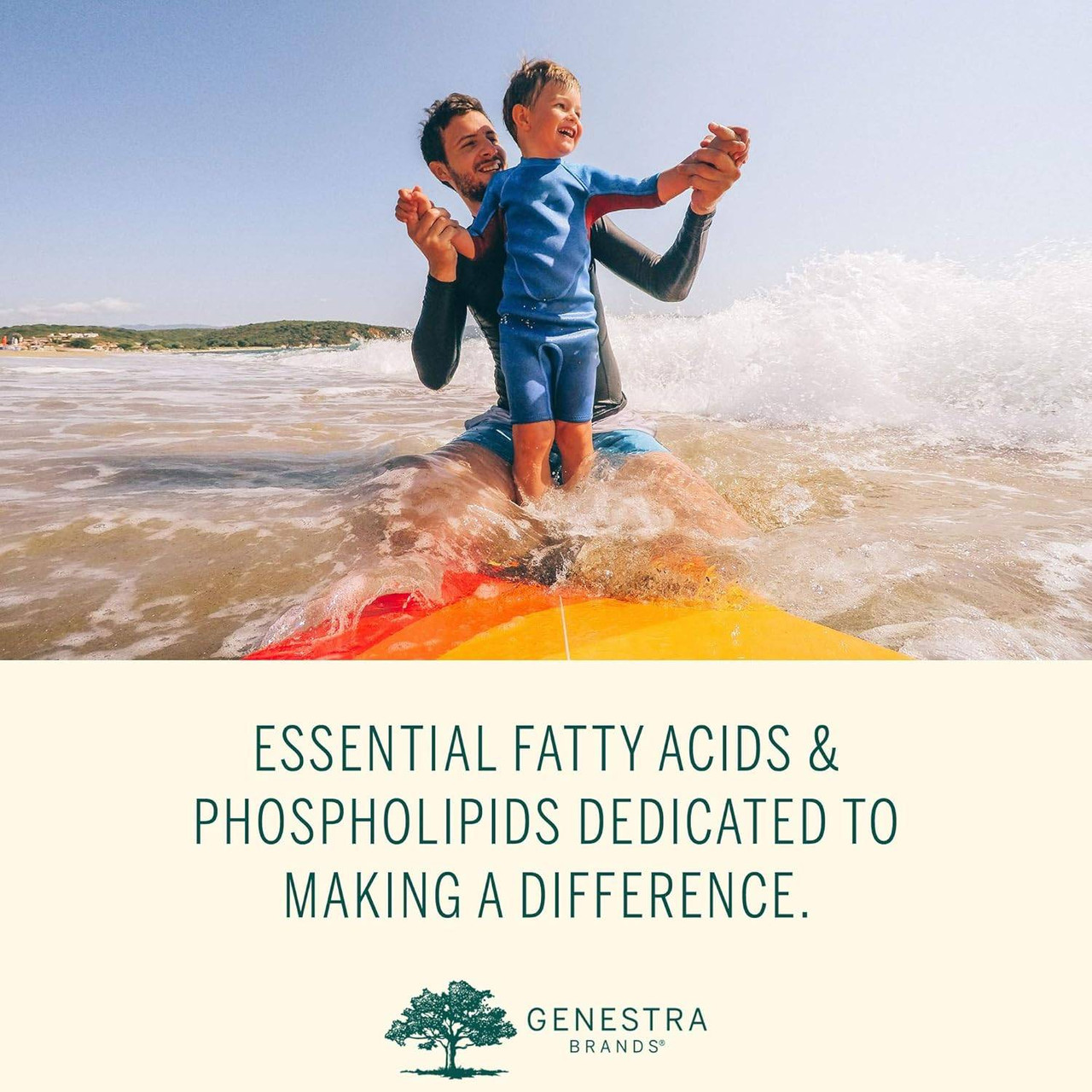 Father and son in wetsuits at the beach, essential fatty acids graphic