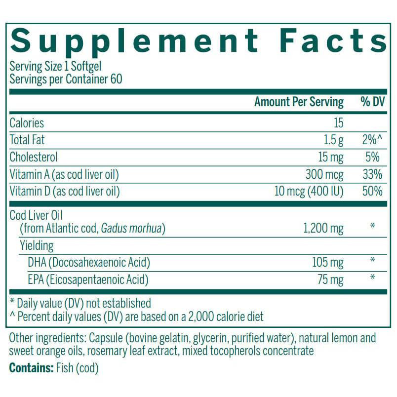 Cod Liver Oil DHA-EPA Forte supplement facts with vitamins A and D