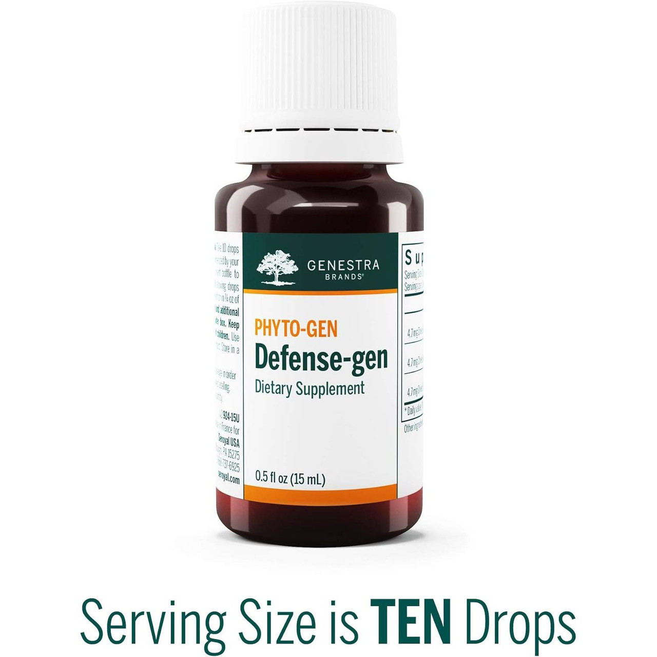 Defense-gen amber dropper bottle, serving size is ten drops