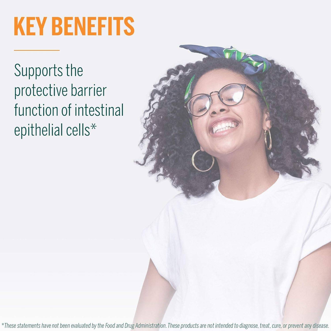 Smiling woman with glasses, Butyrate Complex key benefits graphic