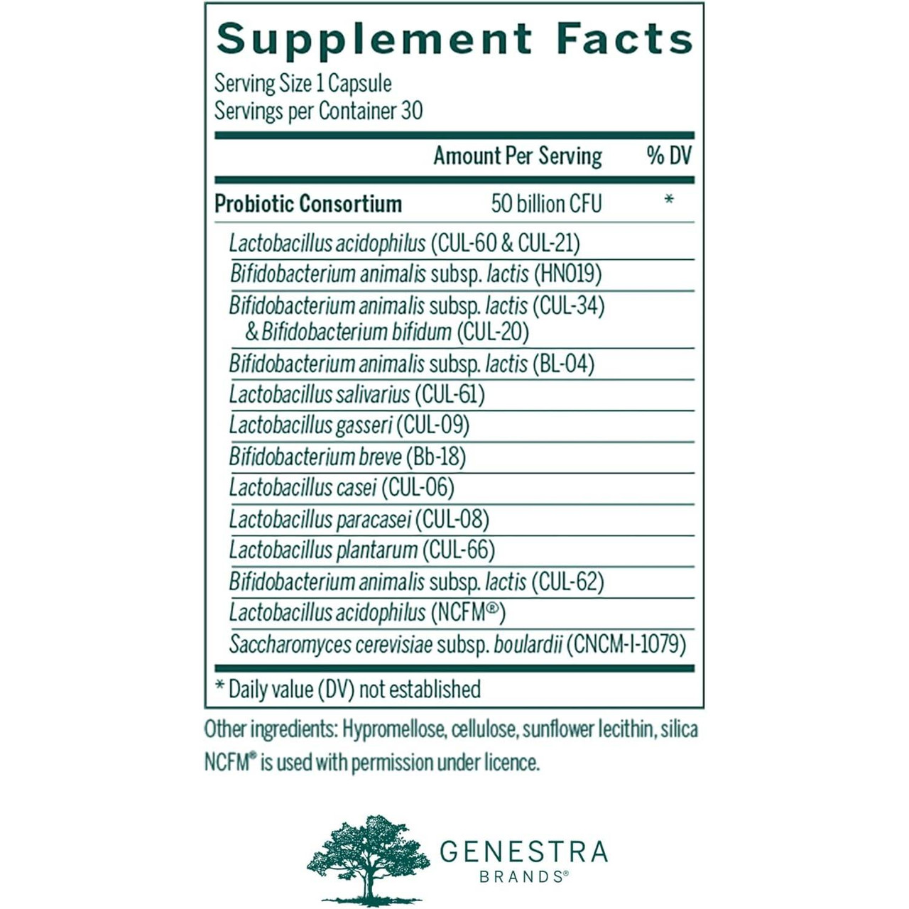 HMF Multi Strain 50 supplement facts with fifteen probiotic strains