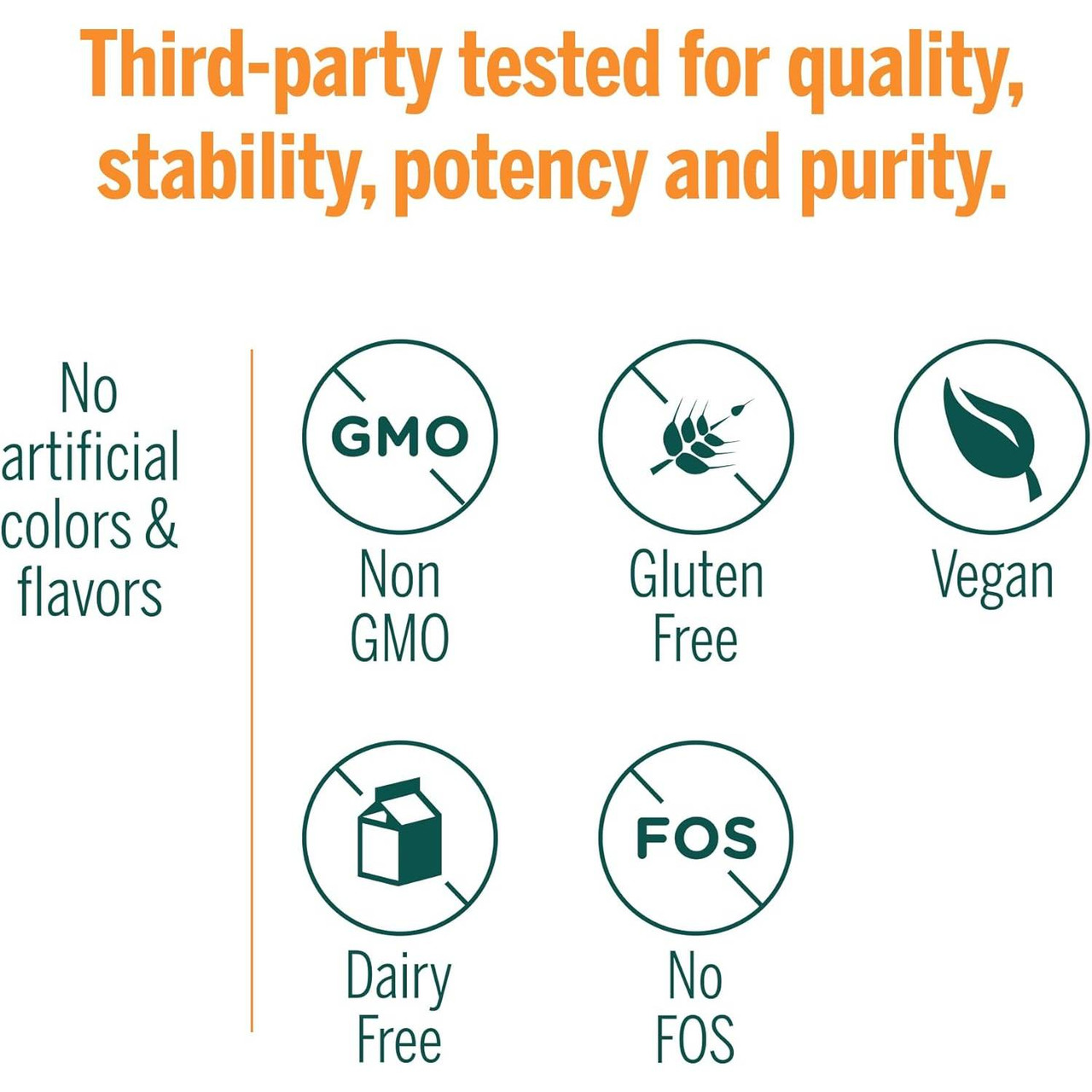 Third-party tested graphic with non-GMO gluten-free vegan dairy-free icons