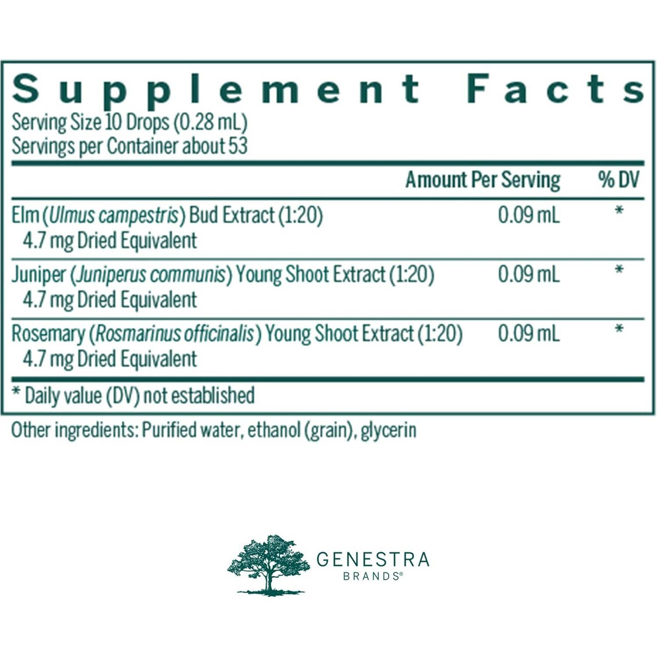 Acn-gen supplement facts with elm juniper and rosemary extracts