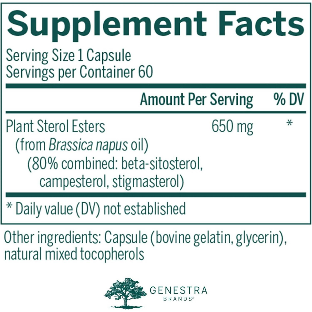 Col-Sterol supplement facts with plant sterol esters