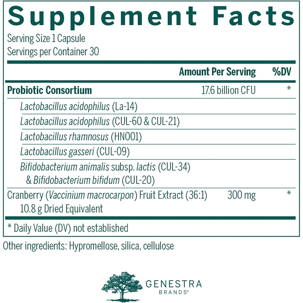 HMF Women's Daily supplement facts with probiotics and cranberry