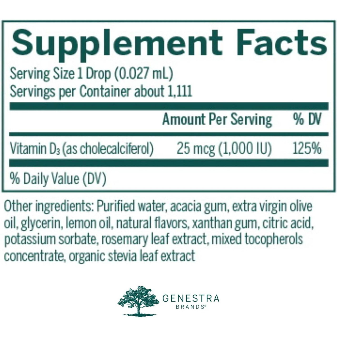 D-Mulsion 1000 supplement facts, vitamin D3 per single drop