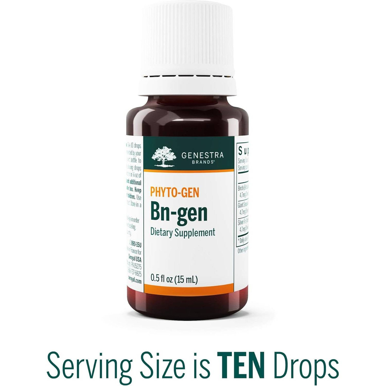 Bn-gen amber dropper bottle, serving size is ten drops