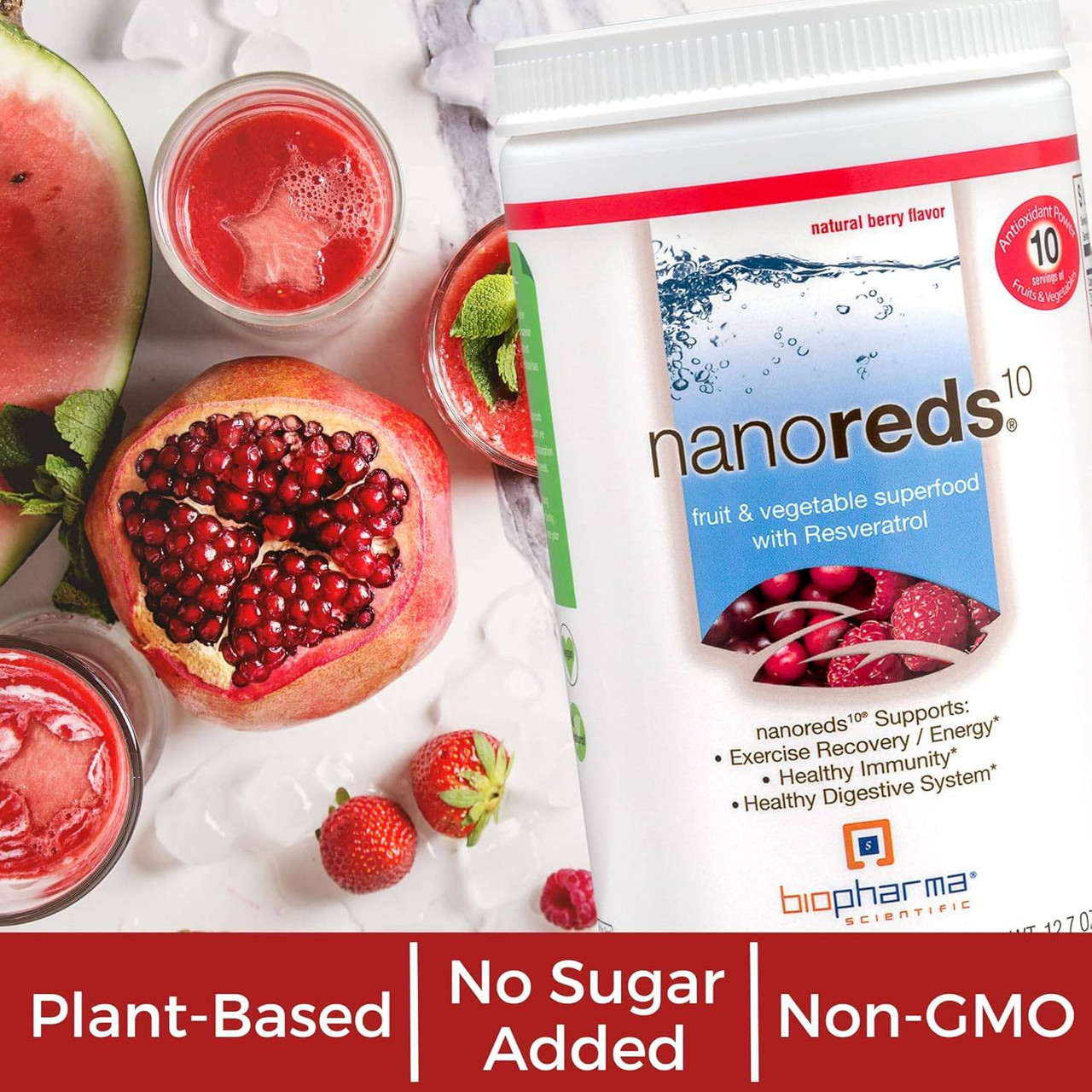 NanoReds10 canister with fruit and a red drink, plant-based, no sugar added, non-GMO
