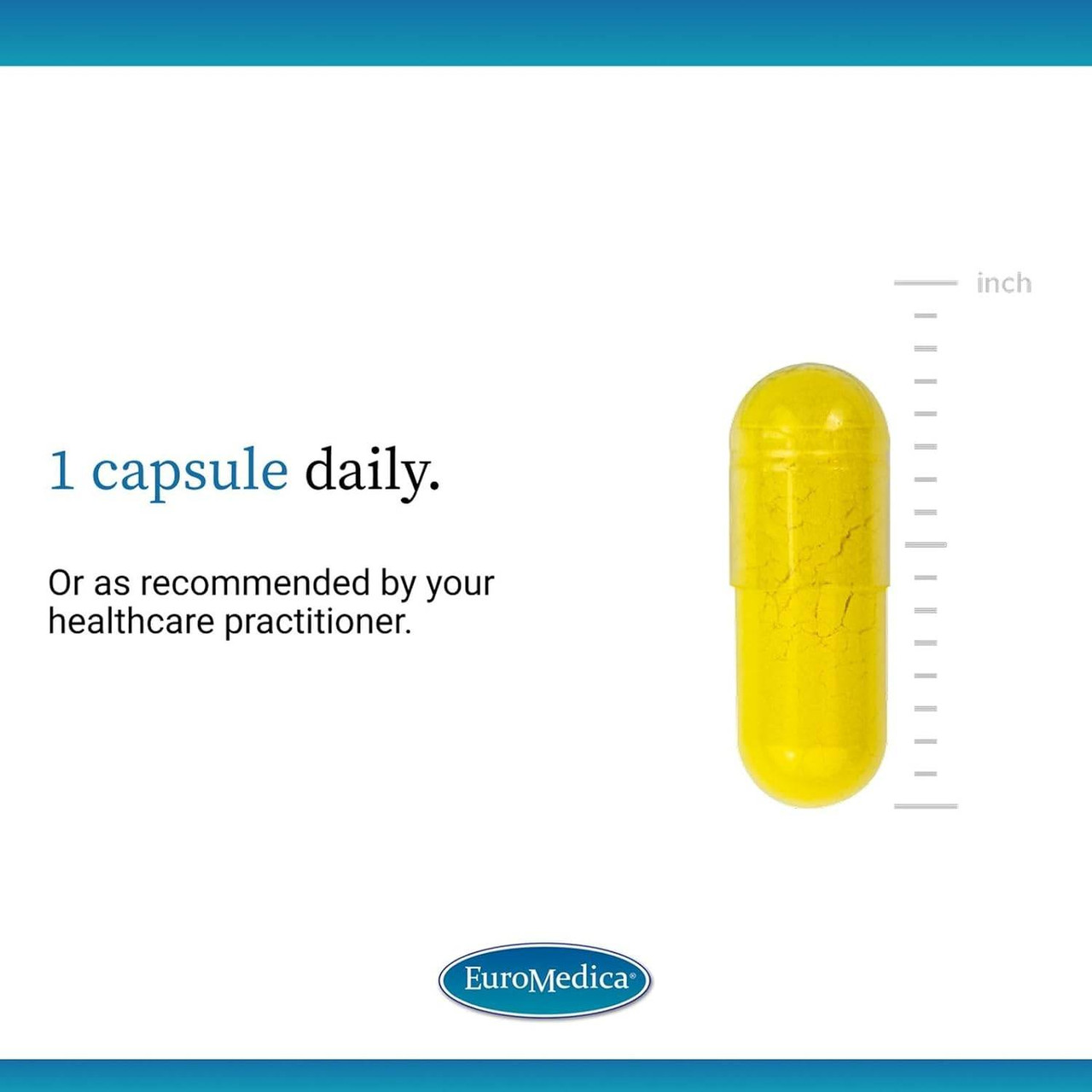 Yellow capsule beside a ruler, 1 capsule daily