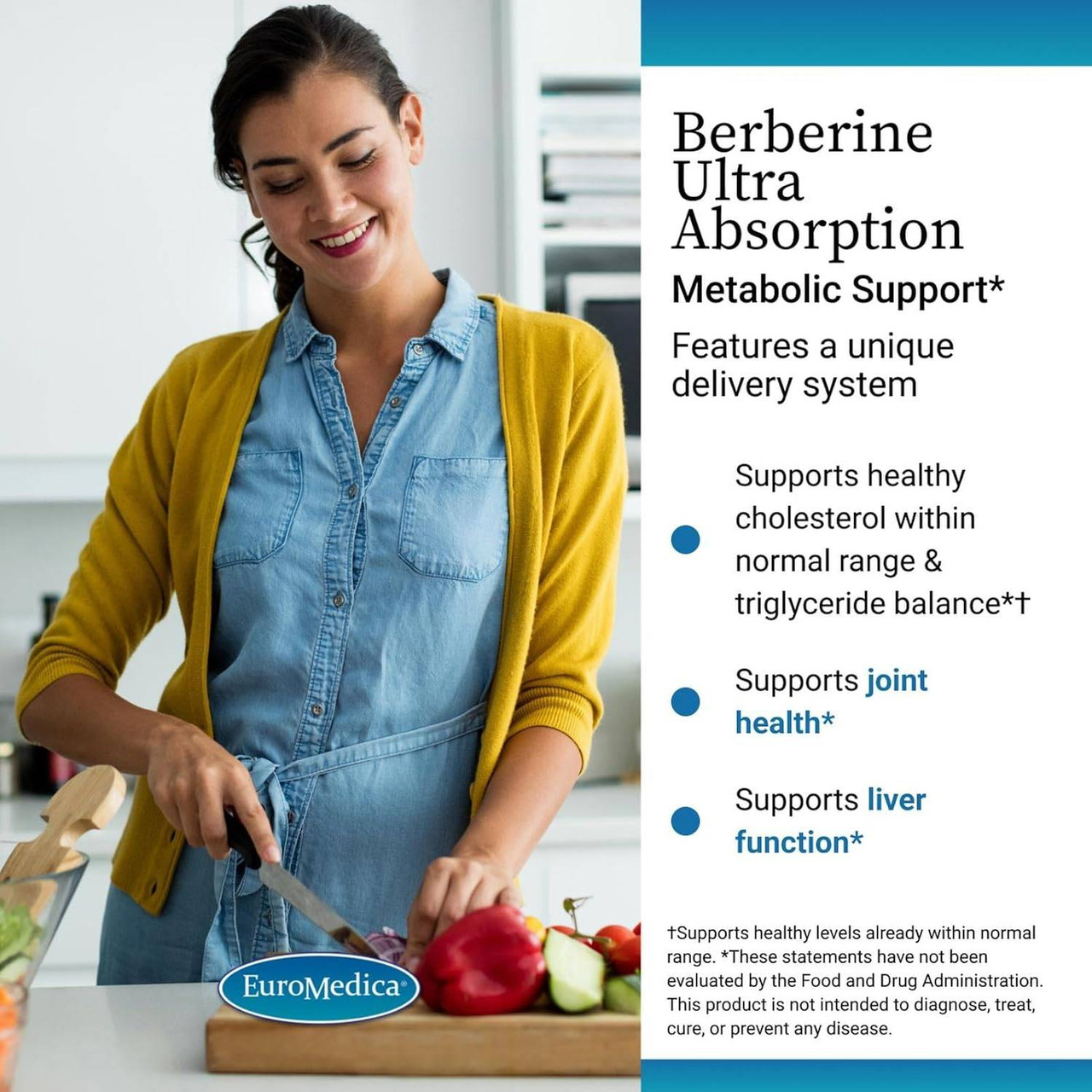 Woman chopping vegetables, Berberine Ultra Absorption unique delivery system graphic