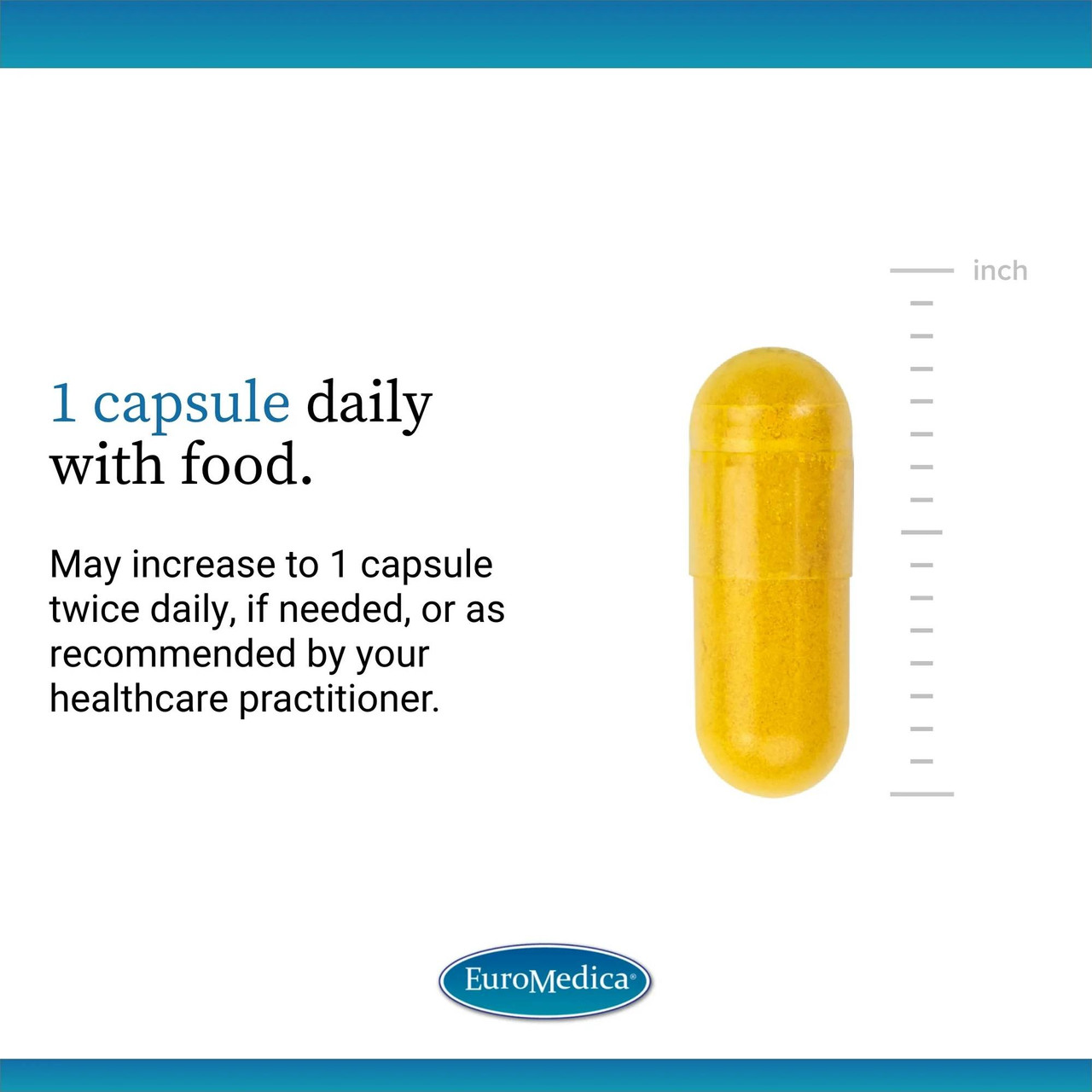 Single yellow capsule beside a ruler, 1 capsule daily with food