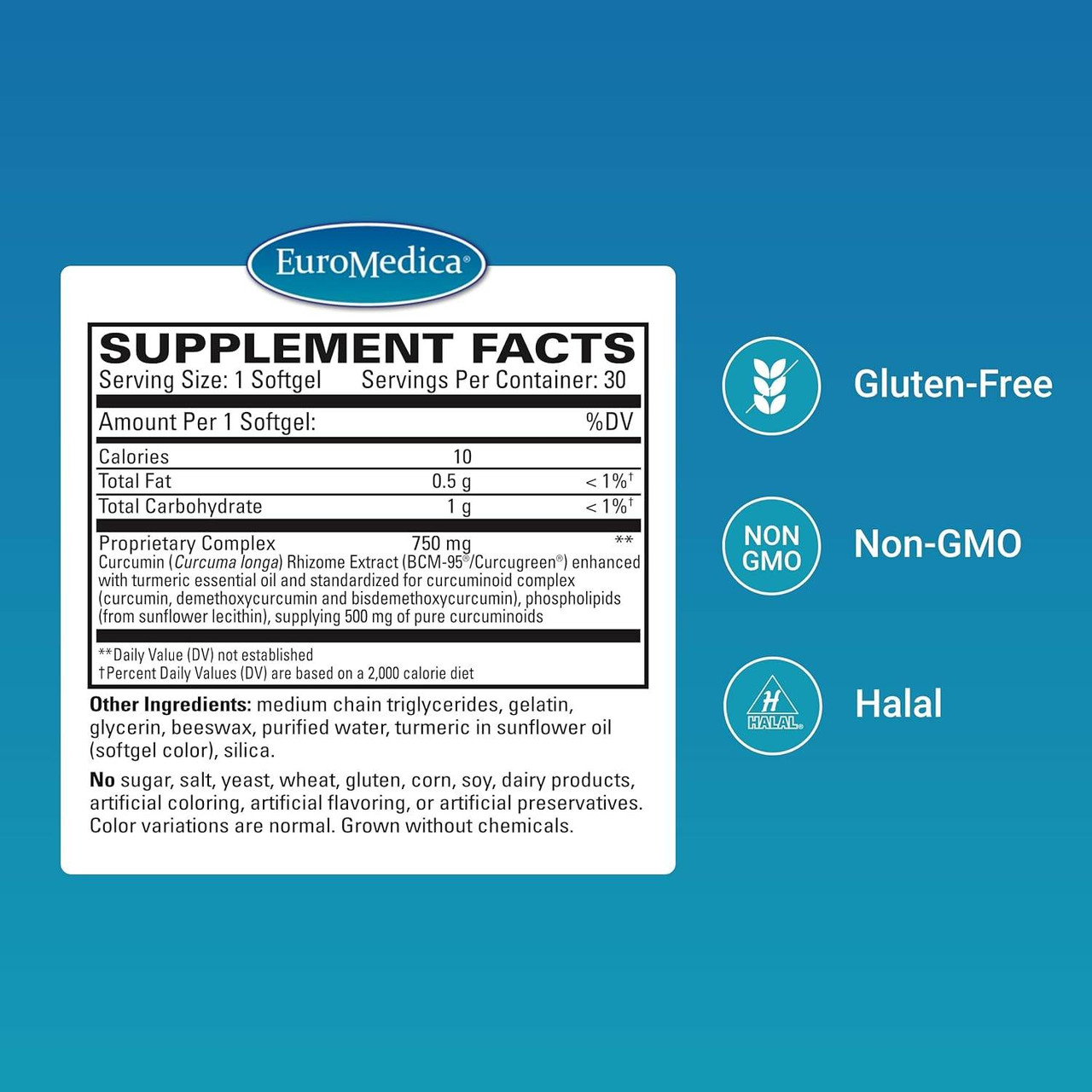 CuraPro supplement facts with gluten-free, non-GMO and halal icons