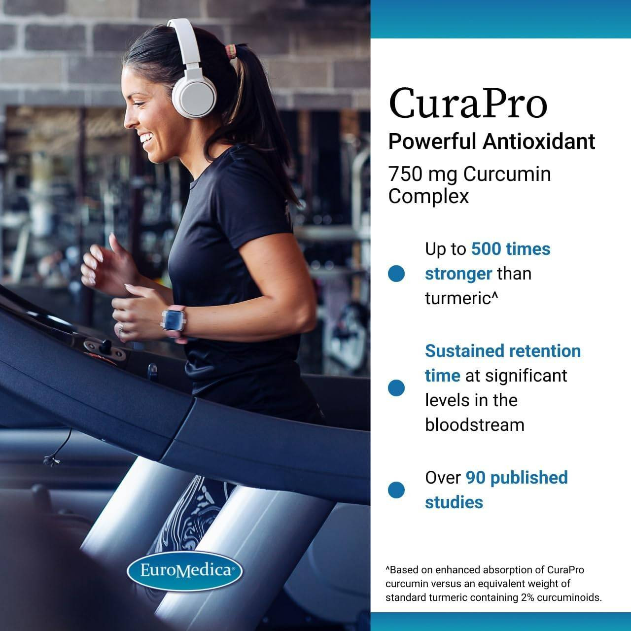 Woman running on a treadmill, CuraPro 750 mg curcumin complex benefits graphic